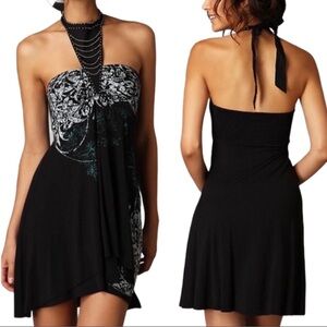 Free People Y2K Beaded Halter Asymmetrical Mini Dress Black White Boho Grunge